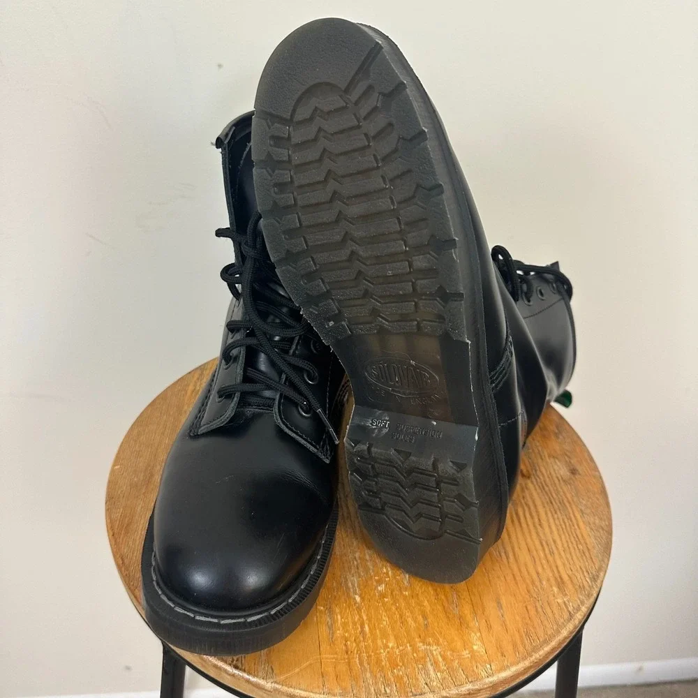 Solovair Hi-Shine 8 Eye Mens Black Leather Suspension Soles 7.5 US Derby Boots
